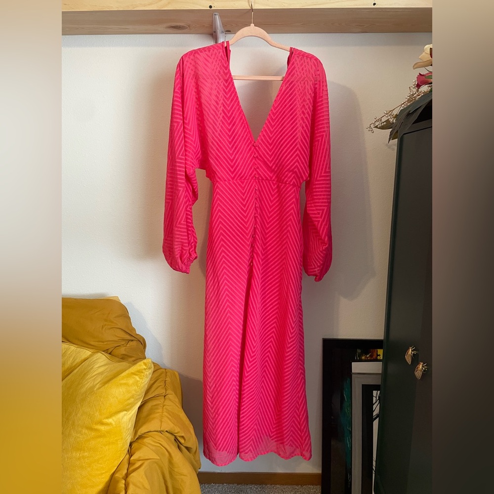 ASOS Design Pink Chevron Dress Puff Sleeves V Neck